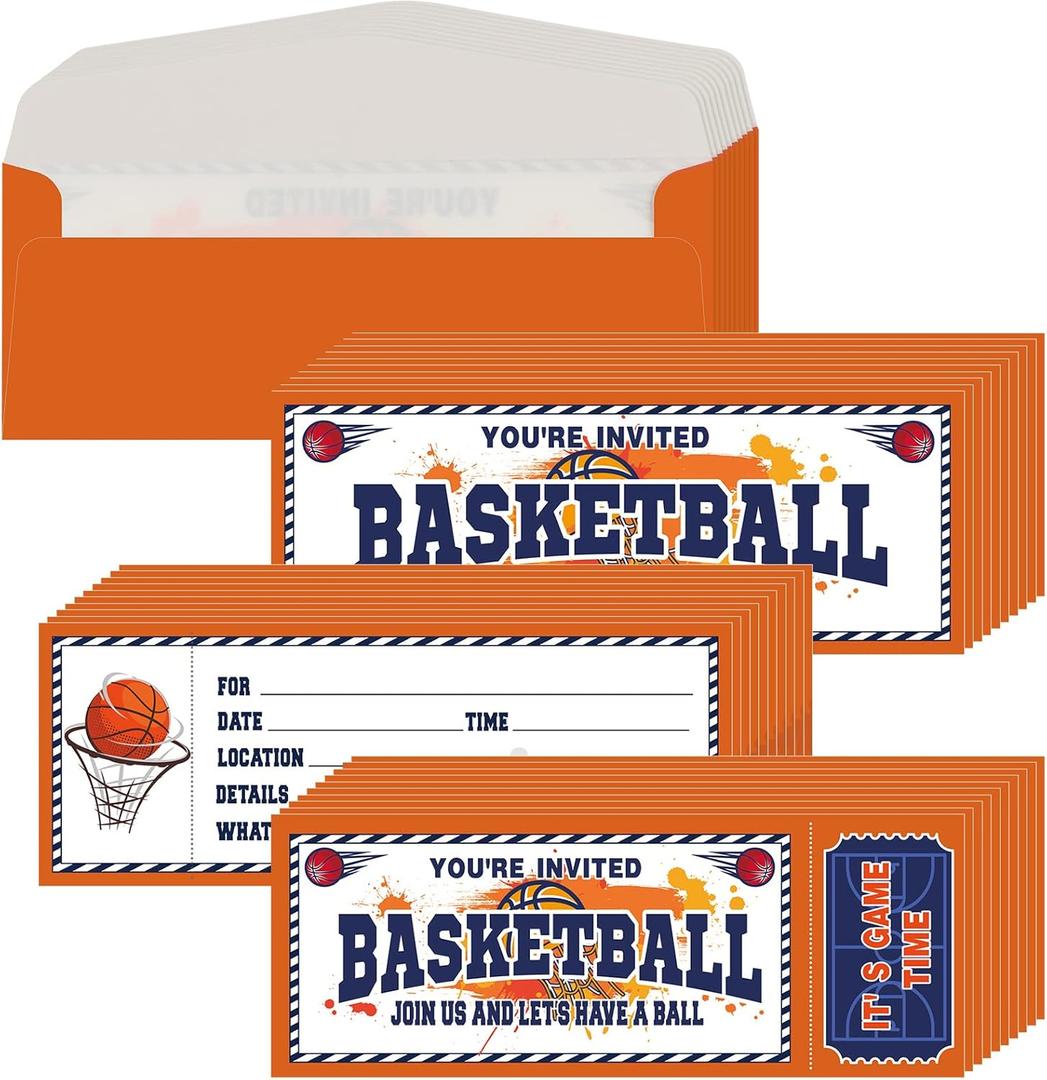 Woanger 50 Pcs Basketball Party Invitations with Envelopes Basketball Birthday Invite Cards 25 Tickets 25 Envelopes for Sports Favor Supplies
