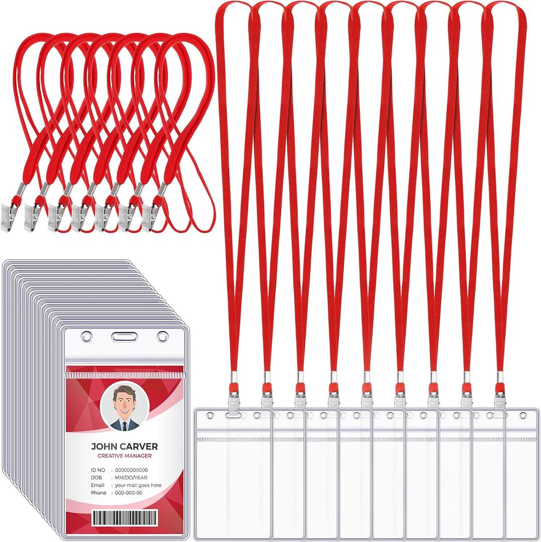 Marspark 200 Pcs Name Tag Lanyards with ID Holder Lanyards for ID Badges Resealable Flat Neck Name Tag with Clip Waterproof Plastic Clear Badges Bulk for School Office Supplies (Red)