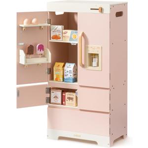 ROBUD Wooden Play Fridge, Kitchen Toy Fridge Freezer Set with Ice Maker, Play Kitchen Refrigerator, Kitchen Playset Gift for Kids & Toddlers, Age 3+ (Pink)