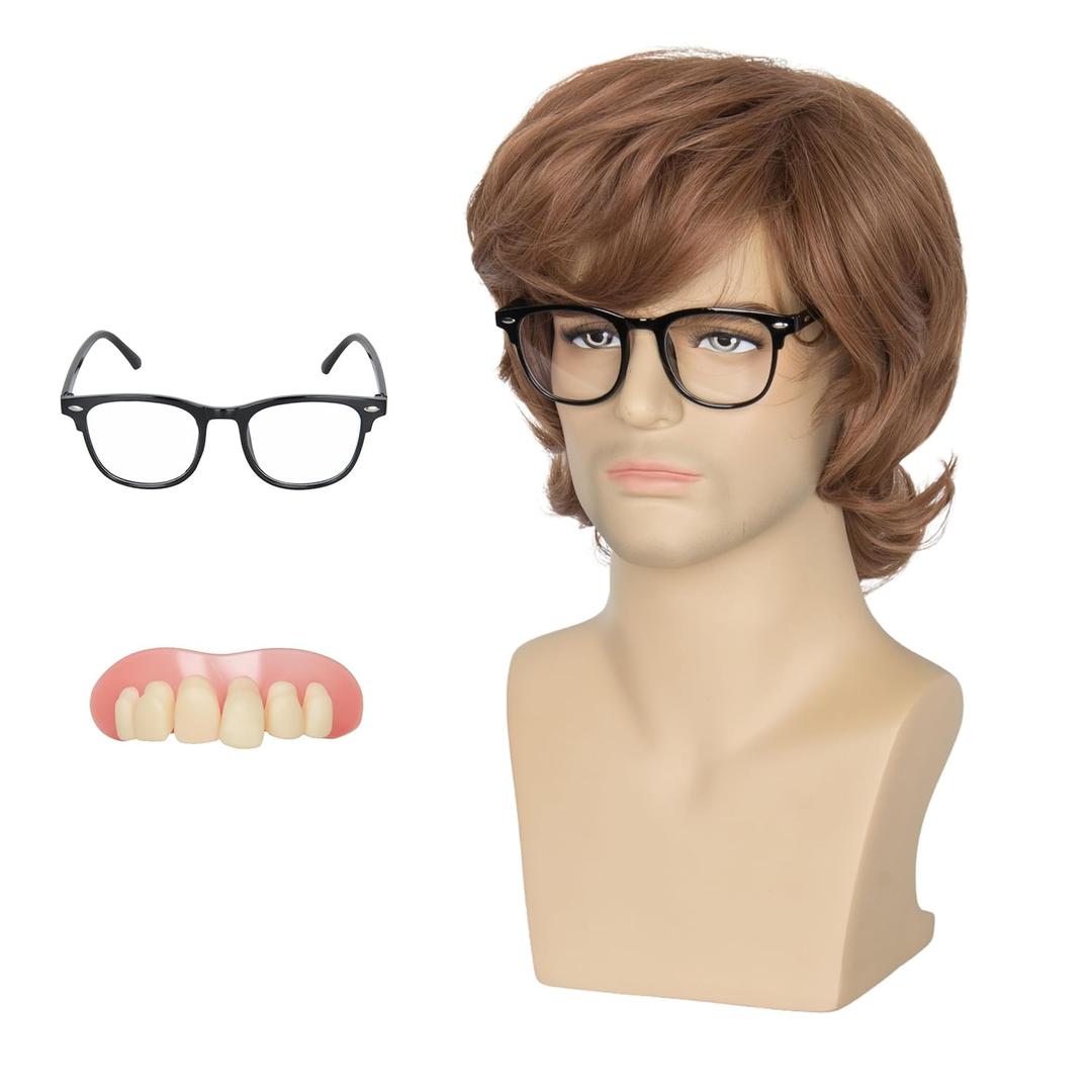 Short Golden Brown Shaggy Wig Men Austin Costume Hair with Black Glasses and Fake Teeth Halloween Wigs