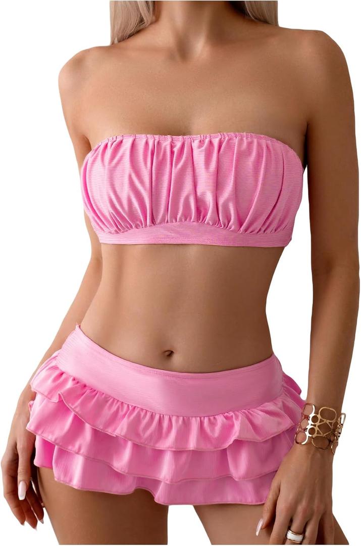 WDIRARA Women's Strapless Ruched Ruffle Trim Swimsuit Bandeau Bikini Set Two Piece Bathing Suit Pink Small