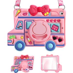 For iPad 6th/5th Generation Case, Air 1st/Air 2nd, for iPad Pro 9.7 Inch Case - for Girls Cute Girly Kawaii 3D Cartoon Design with Rotating Stand Handle & Shoulder Strap Silicone Cover