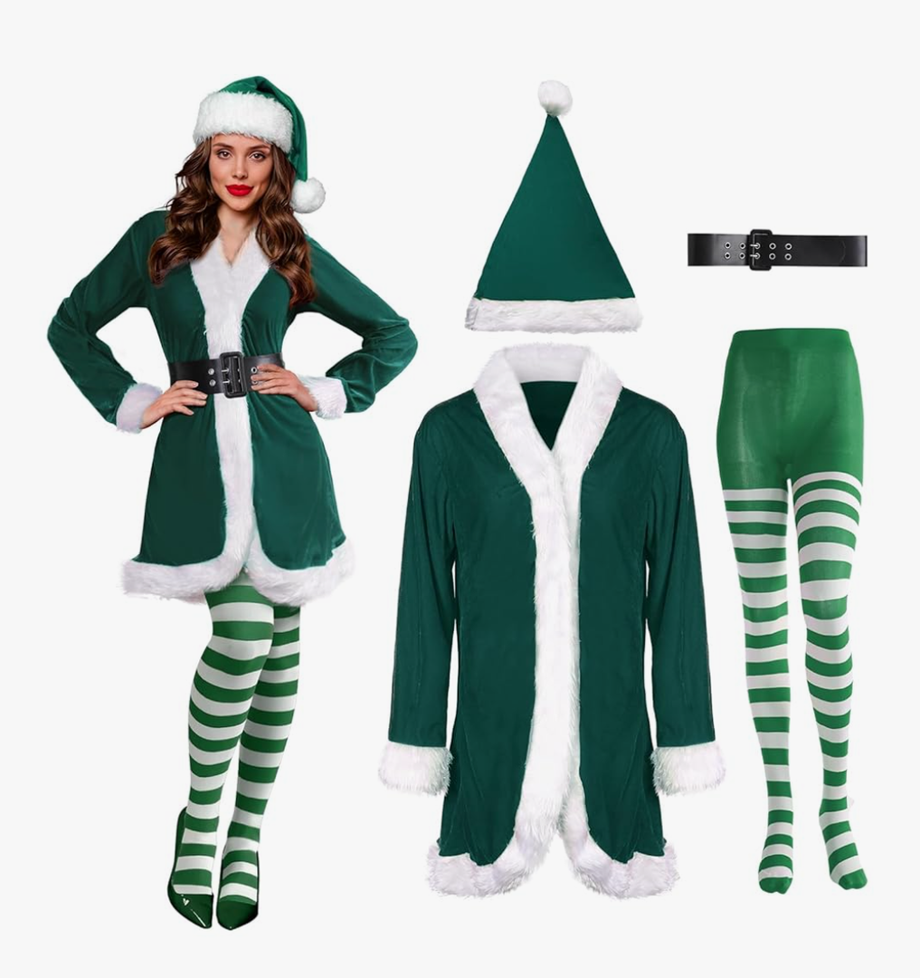 Sureio 4 Pcs Mrs Santa Claus Costume Women Christmas Dress Suit Cosplay Velvet Outfit with Belt Hat Striped Tights Elf Ears Large