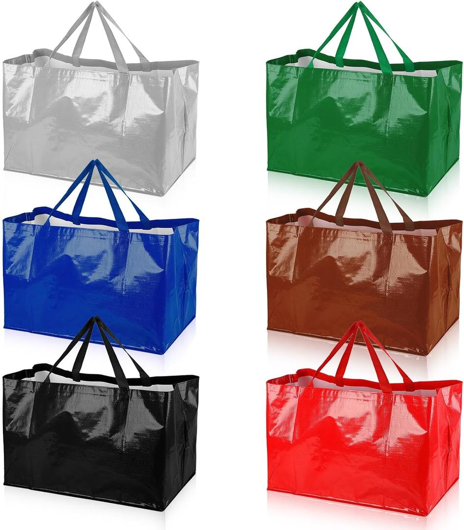 Shappy 6 Pieces Extra Large Reusable Shopping Grocery Bags with Handles Colorful Woven Plastic Waterproof Tote Bags (21.7 x 14.2 x 13.8 Inch)