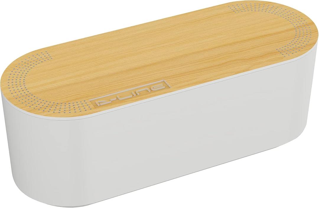 D-Line Cable Tidy Box, Hide & Conceal Extension Blocks, Desk Cable Management, TV Wire Tidy, Made from Electrically Safe ABS Material - 325mm (L) x 125mm (W) 115mm (H) - Small, White with Wood Lid