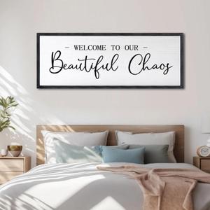 Welcome To Our Beautiful Chaos Sign: Framed Wood Wall Decor 32x12 Inch, Rustic Farmhouse Hanging Art for Living Room, Entryway, Bedroom