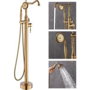 Free Standing Tub Faucet, Floor Mount Bathroom Tub Filler, Freestanding Bathtub Shower Faucets with Handheld Sprayer, Brushed Gold