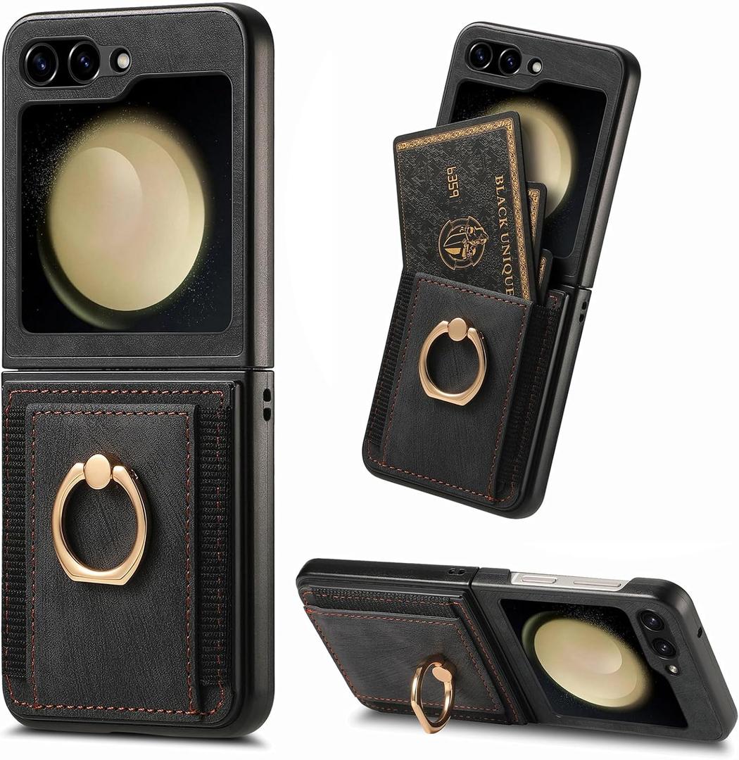 for Samsung Galaxy Z Flip 6 / Z Flip 7 FE with Card Holder,Wallet Phone Case with Built-in Rotate Ring Stand PU Leather Protective Kickstand Case for Women Girls Galaxy Z Flip 6 / Z Flip 7 FE Black