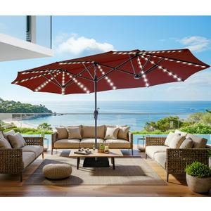 SUPERJARE 13ft Outdoor Patio Umbrella with Solar Lights, Double-sided Deck Pool Umbrella with 1.5 Inch Pole, Fade Resistant Canopy, 12 Sturdy Ribs, for Porch, Market, Backyard, Burgundy(No Base)
