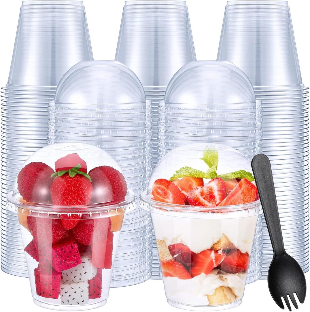 Suclain 400 Pcs 9 oz Disposable Plastic Cups with Dome Lid and Sporks Set, 200 Clear Fruit Cups Containers with Lids and Hole, 200 Plastic Spork for Food Appetizer Ice Cream Dessert Cold Drink