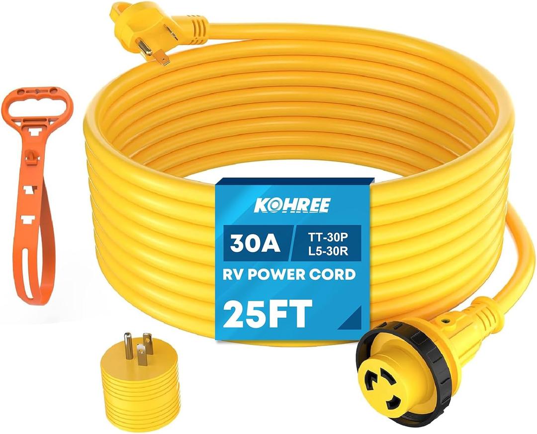 Kohree 25' RV Power Extension Cord 30 Amp Twist Lock RV Adapter Plug 30M/30F with RV Power Adapter 15 Amp to 30 Amp, LED Indicator & Grip Handle, 125V, 3750W, ETL Listed