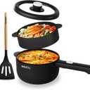 Dezin Electric Cooker, 2L Non-Stick Sauté Pan, Rapid Noodles Cooker, Mini Pot for Steak, Egg, Fried Rice, Ramen, Oatmeal, Soup with Power Adjustment, College Dorm Room Essential(Egg Rack Included) (Round - E(Black/with Steamer))
