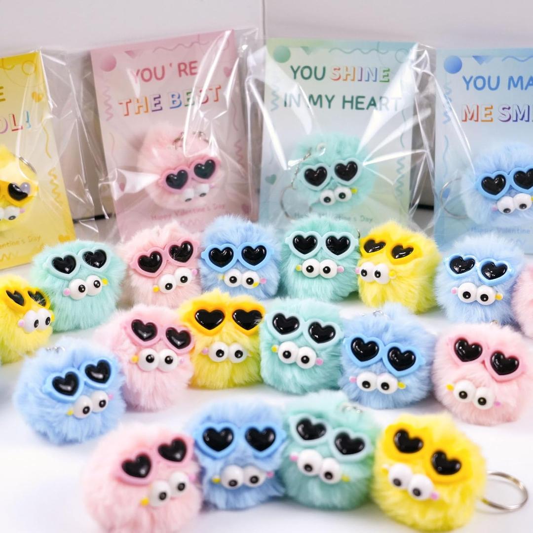 Valentines Day Gifts for Kids - 24 Pack Cute Plush Toys Keychains, Valentines Day Cards for Kids Boys Girls Toddlers School Classroom Friends Exchange Party Favors