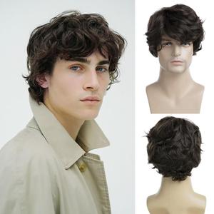 Men Short Brown Wig,Synthetic Layered Handsome Wavy Cosplay Halloween Replacement Hair Wig