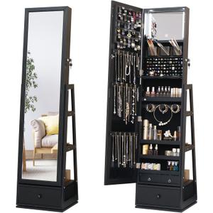 Full Length Mirror Jewelry Cabinet Standing With Built-In Mirror - 63.7H Jewelry Armoire With Mirror & 3 Drawers, Lockable Storage Mirror With 3 Storage Racks Christmas Gift (Black)