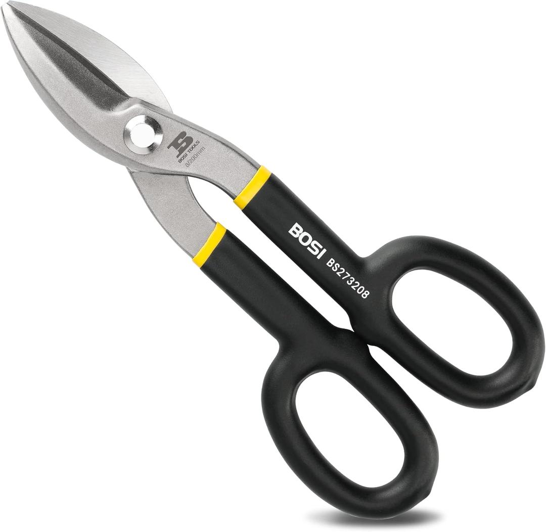 8 Inch Straight Pattern Tin Snips Metal Cutters, High Strength Forged and Heat Treated Carbon Steel with Comfortable Black Rubber Handle