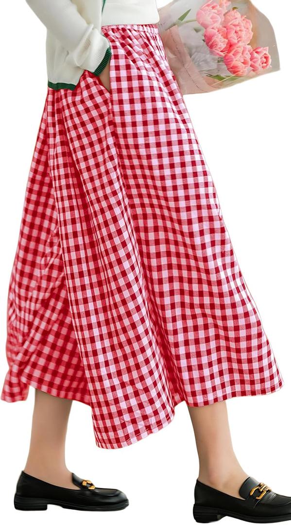 FaroDor Women Gingham Culottes Wide Leg Palazzo Pants Elastic Waist Plaid Capri with Pocket (XX-Large, Red)