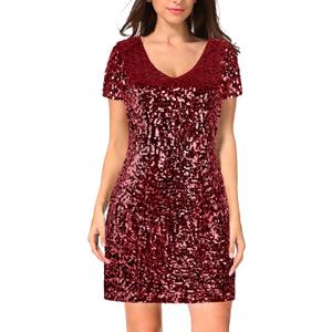 MANER Women's Sequin Glitter Short Sleeve Dress Sexy V Neck Mini Party Club Bodycon Dresses (Red)