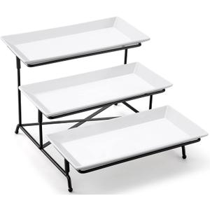 Yedio 3 Tier Serving Tray Set Porcelain Tiered Serving Trays Platters, Collapsible Sturdier Stand with Stable Cross Bars, for Party Entertaining Food Display Fruit Dessert, 12 Inch (Black)