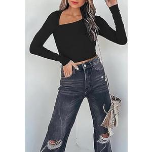 Women Asymmetrical Neck Long Sleeve Top Ruched Trim Tee Slim Fit Going Out Tops (L)