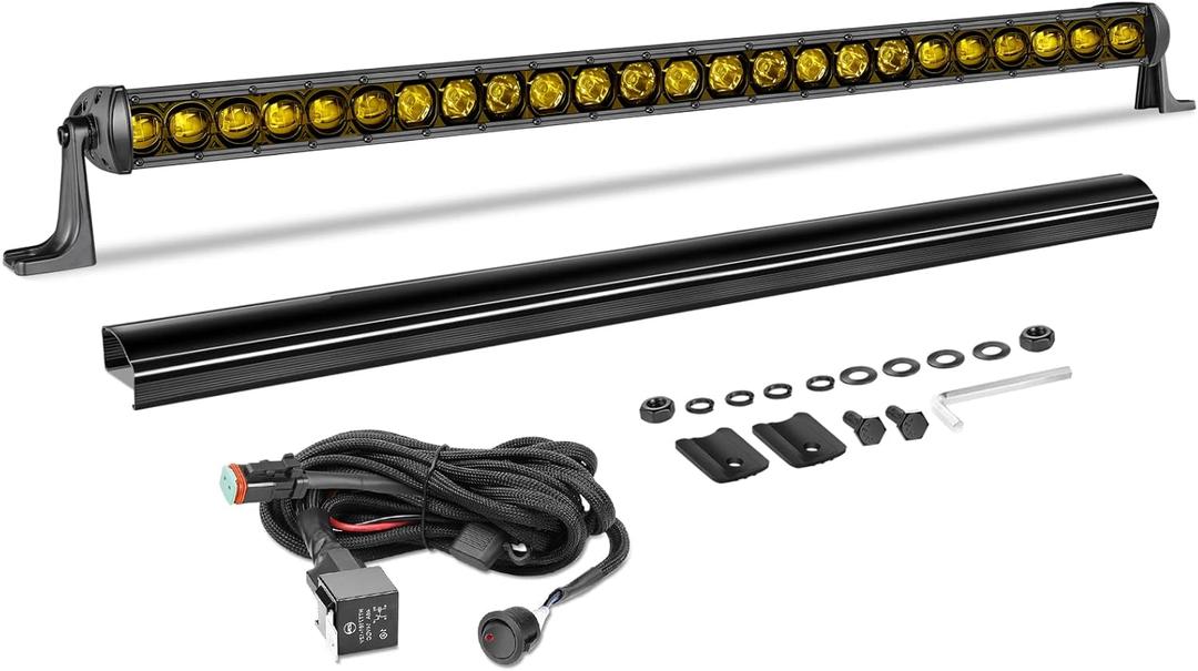 30 Inch Amber Light Bar Kit, AKD Part 168W Single Row LED Light w/Wiring Harness Black Cover Spot Flood Combo Slim Bumper Grille Yellow LED Bar for Trucks SUV UTV Toyota Chevy Subaru RZR Roof
