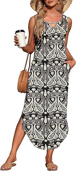 MISFAY Women's Summer Maxi Dress Sleeveless Loose Long Beach Split Dresses with Pockets,