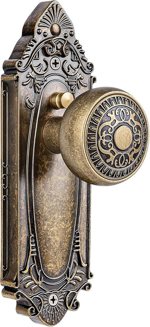 Antique Brass Door Knob Privacy Bedroom Bathroom with Lock, Vintage Interior Door Handle with Plate for Hallway, Closet, Farmhouse Style(1 Pack)