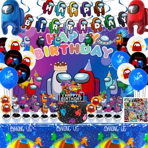 110Pcs A-mong Us Birthday Party Supplies,Video Game Party Decorations with Birthday Banner,Hanging Swirls,Cake Topper,Cupcake Toppers,Balloons,Foil Balloons,Backdrop,Tablecloth,Stickers