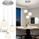 KoKo&Yukina 3-Light Nickel Glass Chandelier Globe Glass Cluster Pendant Lights Modern Adjustable Length Pendant with Milky White Globe Ceiling Light for Kitchen Island Dining Room(Bulb & Remote Incl.)