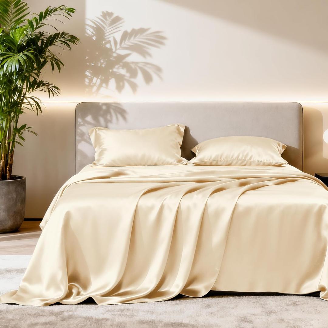 Love's cabin Satin Sheet Set, 3 Piece - Twin XL, Beige, Luxury Silky Soft Bed Linen with Deep Pockets