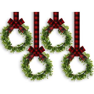WILLBOND 4 Pcs Christmas Kitchen Cabinet Wreath Boxwood Garland with Ribbon Greenery Garland Hanging Wreaths for Cabinet Wall Window Door Fireplace Party Farmhouse Decor(Black and Red,Fabric)