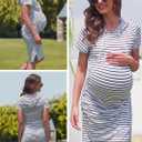 Women's Maternity Hoodie Dress Short Sleeve Split Side Ruched Pregnancy Clothes, White Navy Stripe, 2XL