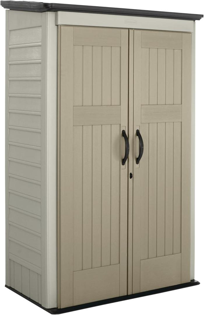Rubbermaid Vertical Resin Outdoor Storage Shed With Floor (4 x 2.5 Ft) Weather Resistant Beige/Brown Organization for Home/Backyard/Pool Chemicals/Toys/Garden Tools/Porch/Patio Cushions