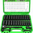 30-Piece 1/2" Drive Impact Socket Set, Standard SAE (3/8-1 inch) and Metric (10-24mm) 6 Point CR-V Steel Deep Socket, Ratchet Handle, 3" & 5" Extension Bar, CR-MO Impact Universal Joint