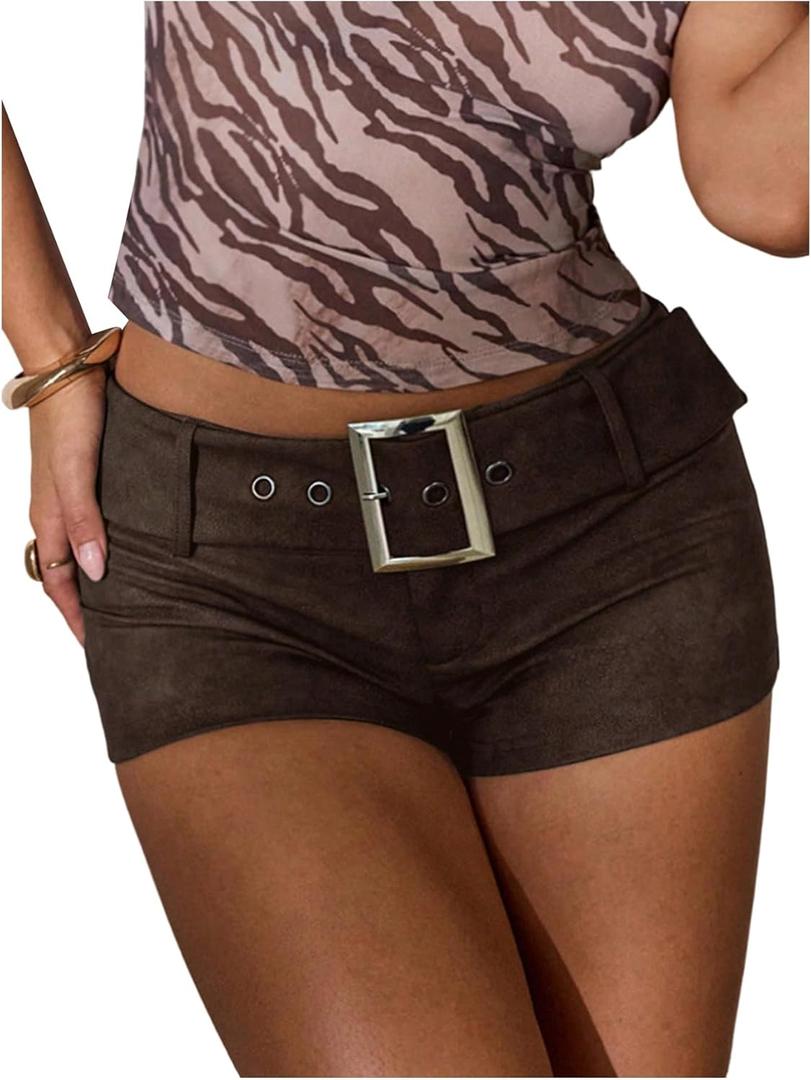 Floerns Women's Y2k Leather Mini Shorts Low Rise Buckle Belt Skinny Night Out Short Pants (Coffee Brown)