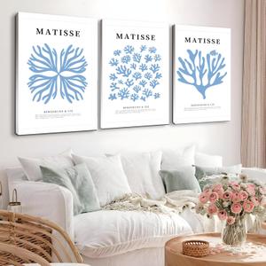 Oxzcimty Matisse Canvas Wall Art,Blue Matisse Wall Art, Abstract Coral Wall Decor for Bedrooom,Living Room (12" x 18" x 3 pcs)