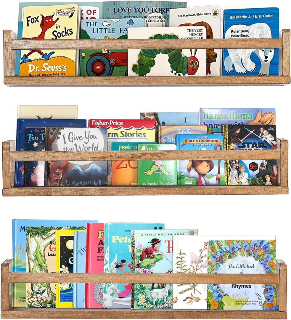 AZSKY Light Walnut Floating Shelves - Baby Nursery Decor Wall Book Shelves for Kids Room & Bathroom Decor - Set of 3, 24 Inch