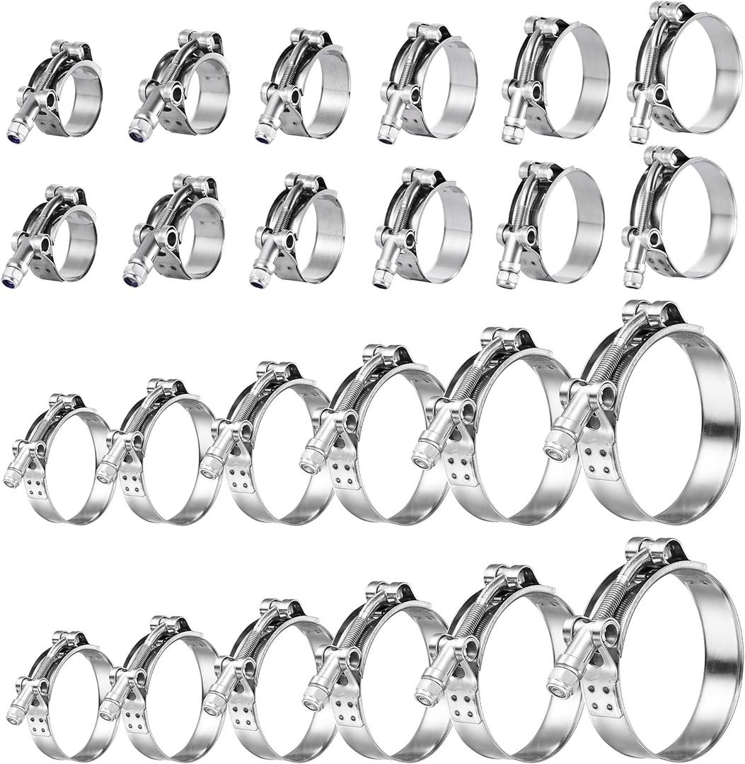 24 Pack 12 Size T-Bolt Hose Clamps, Stainless Steel_304 Working Range 28mm-116mm for 0.75" -4'' Hose ID, Turbo Intake Intercooler Clamp for Automotive