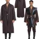 Men's Hooded Robe Tunic Cosplay Costume Knight Cloak Tunic Uniform Pants with Belt Full Set Halloween Outfits (XX-Large, Brown)