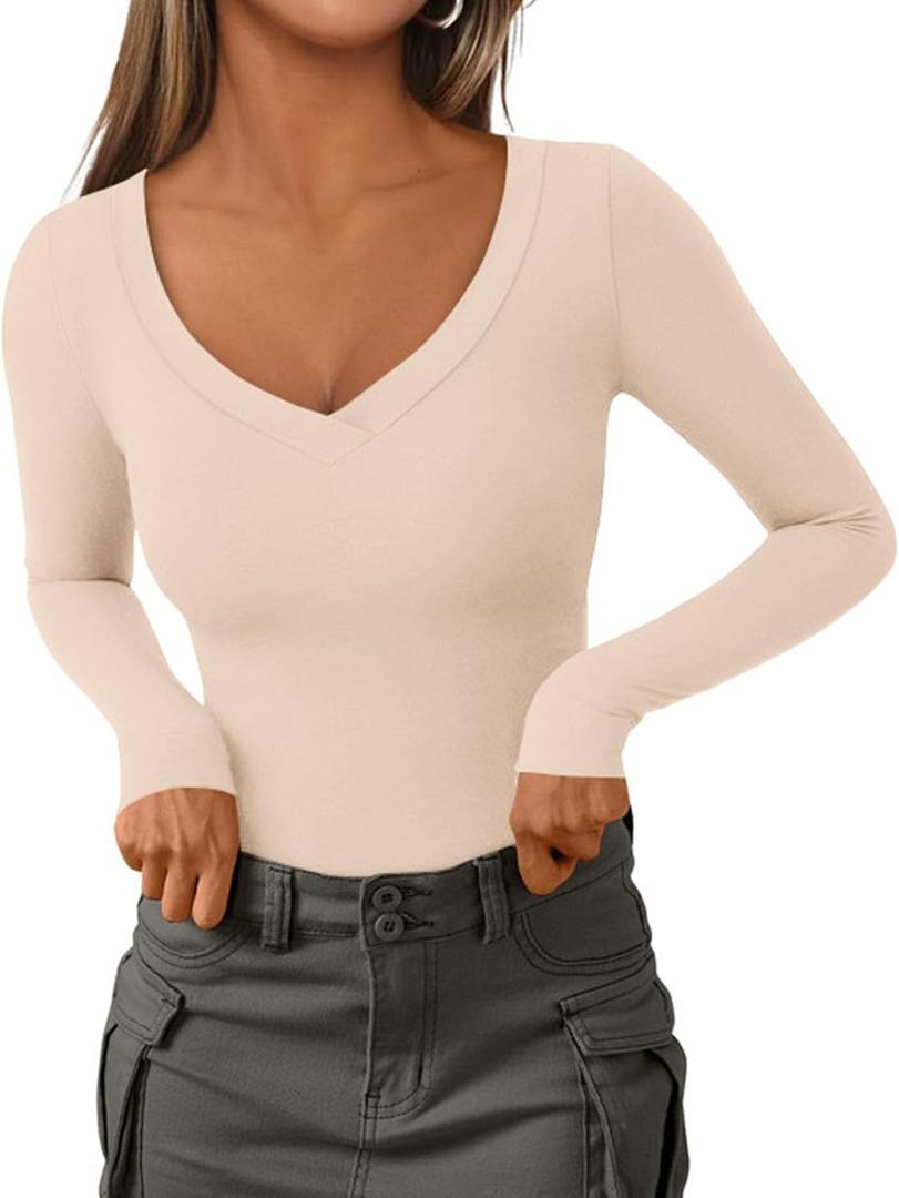 PRETTYGARDEN Women's V Neck Long Sleeve Shirts | Soft Stretchy Fitted Tshirts, 2026 Fall Trendy Casual Going Out Tops, Winter Lightweight Underscrub Layering Clothes (Beige, S)