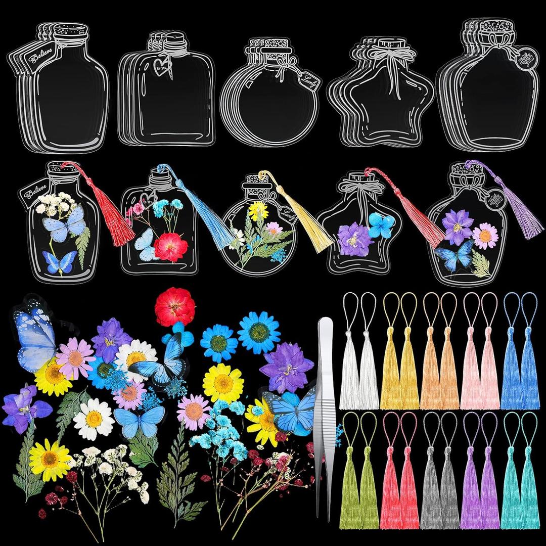 TaoBary 91 Pcs DIY Handmade Transparent Dried Flower Bookmark Set Include Butterflies Clear Bookmarks Dried Flowers Colorful Tassels and Tweezer for Book Bottle Supplies(Elegant Color)