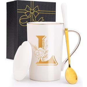 Letter L Personalized Initial Mugs with Flower, Letter L Personalized Coffee Mug, Customized Cool Letters Mugs for Women, Bridal Shower Gifts, Women's Initials Gifts Mug 14 OZ Matte White