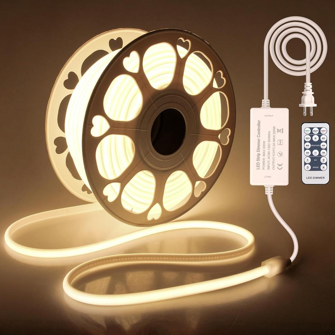 100FT COB Led Rope Lights Outdoor Led Strip Lights Waterproof AC 110V~120V Warm White 3000K Super Brightness Flex Cob Light for Garden Patio Building Commerical Dimmable with Remote Controller (30M)