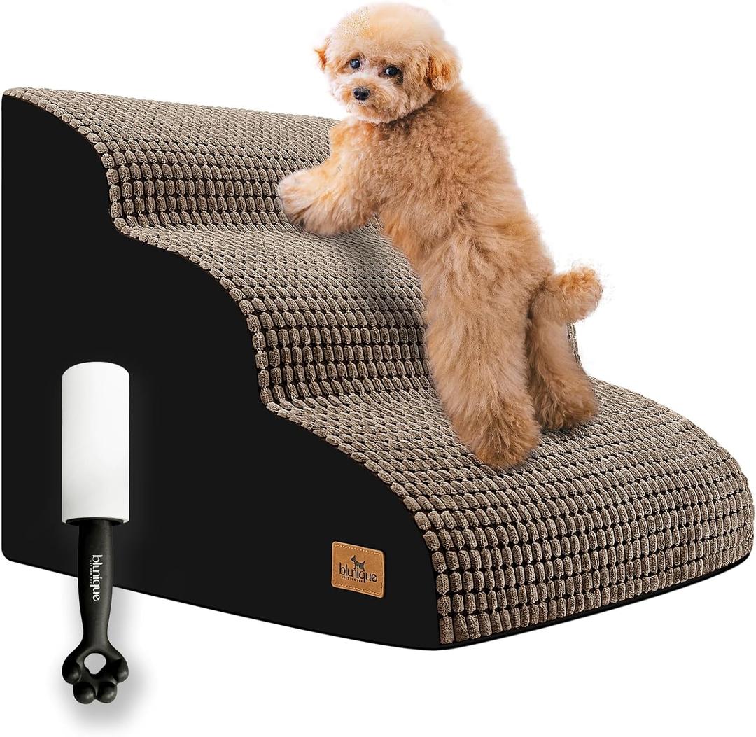 Dog Stairs for Small Dogs, 15.8 in H 3 Step Curved Dog Ramp for High Bed and Couch, Foam Dogs Ramp with Durable Non-Slip Waterproof Fabric Cover, Pet Stairs for Pets Joints, Brown (22.4 X 15.8 X 15.8)