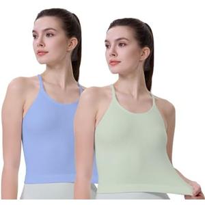 AMRIY Crop Tops for Women Seamless Square Neck Cropped Ribbed Tank Tops 2 Pack Set Long camisolees Spaghetti brami Tops Size L