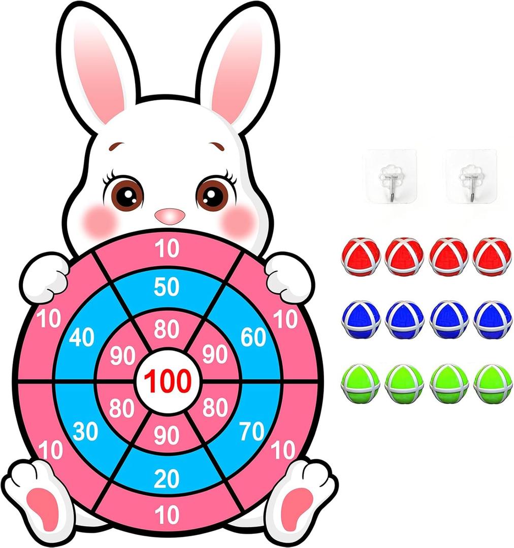 Easter Games for Kids, Large Easter Basket Essentials Dart Board Toy Gifts for Kids Family Teens Boys Girls Toddlers, Happy Party Decorations Centerpieces Party Favor with 12 Stick Balls