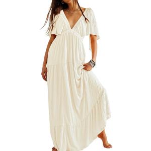 Kikibell Women Summer Dresses Sexy V-Neck Maxi Dress Tiered Silhouette with Flutter Sleeve Backless Elastic Waist Flowy Dress (Beige, XS) Kikibell Women Summer Dresses Sexy V-Neck Maxi Dress Tiered Silhouette with Flutter Sleeve Backless Elastic Waist Flowy Dress (Beige, XS)