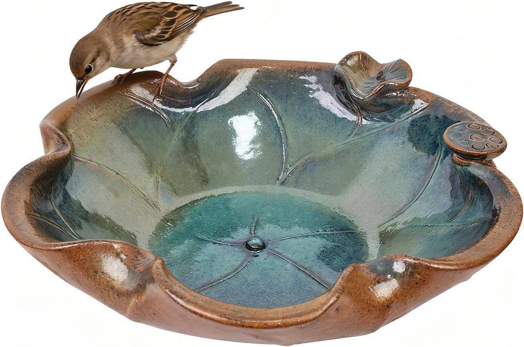 Ceramic Bird Bath and Feeder, Heavy Duty 12.5-Inch Ground Feeding Bowl, Wildlife Water Station for Squirrel Rabbit Bird Bee - Garden, Yard, Balcony Dcor