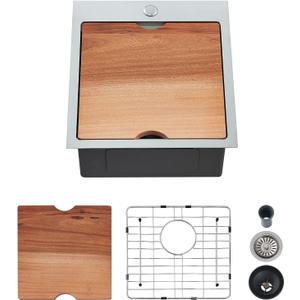 Kitchen Sink, 17 x 19 Inch Drop-in Bar Sink Stainless Steel Topmount Kitchen Sink Single Bowl Workstation Sink with Cutting Board