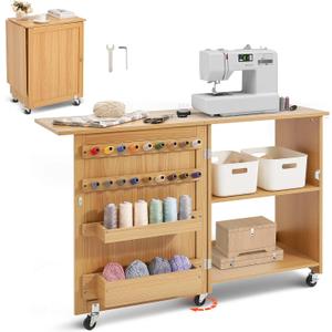 VEVOR Folding Sewing Table, Multipurpose Sewing Machine Table with Compact Design, Wheels, Shelves, Storage Trays, Wooden Pegs, and Magnetic Doors, Sewing Desk Cabinet for Sewing Machine, Wood Color